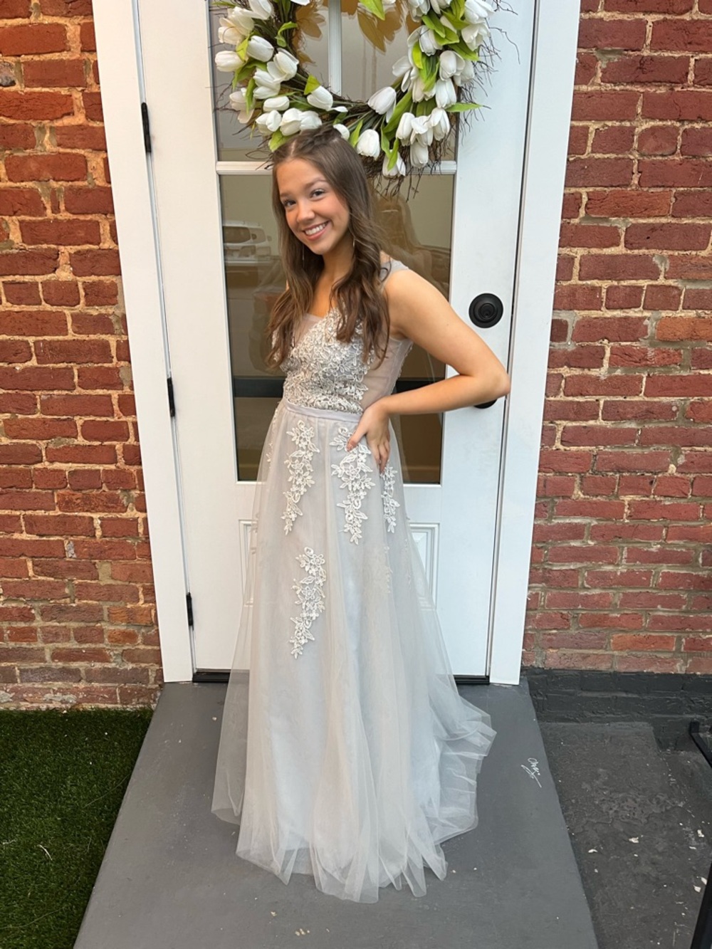 Embellished Tulle Evening Gown in Light Champagne